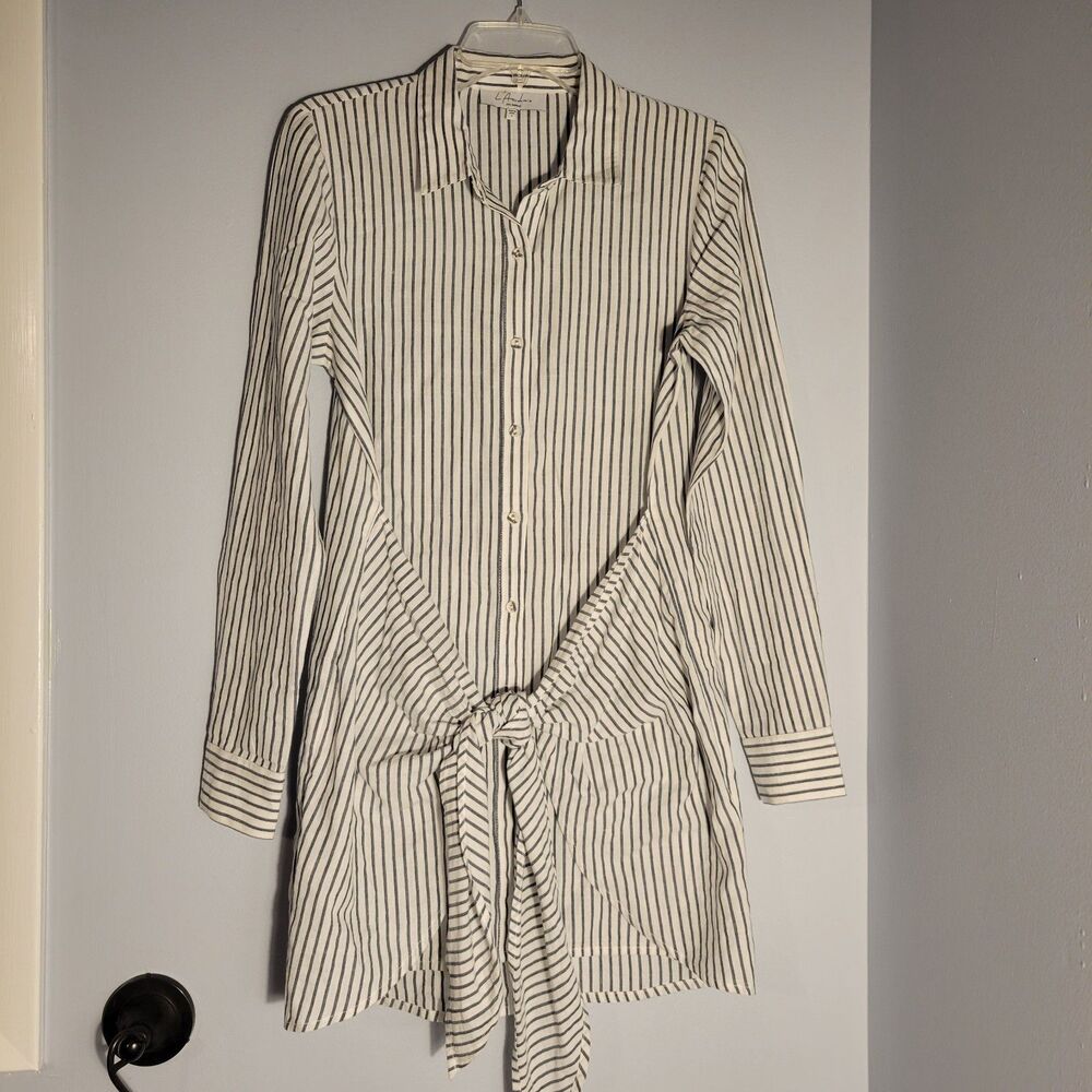 L' Academie Shirt Dress Womens White Gray Striped Button Up Front Tie Sz S